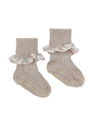 Rutschfeste Socken mit Liberty Rüsche - Beige Melange