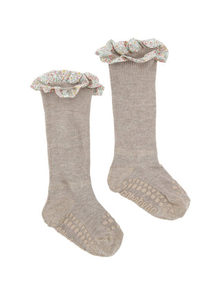 Rutschfeste Socken mit Liberty Rüsche - Beige Melange