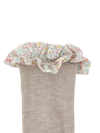 Rutschfeste Socken mit Liberty Rüsche - Beige Melange