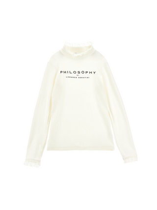 Rollkragenshirt mit Rüschen und Logo Ecru