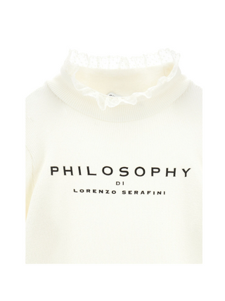 Rollkragenshirt mit Rüschen und Logo Ecru