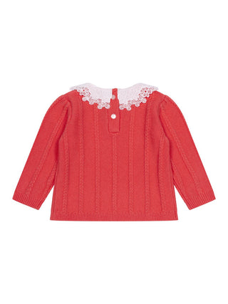 Zopfstrickpullover mit Spitzenkragen - Praline
