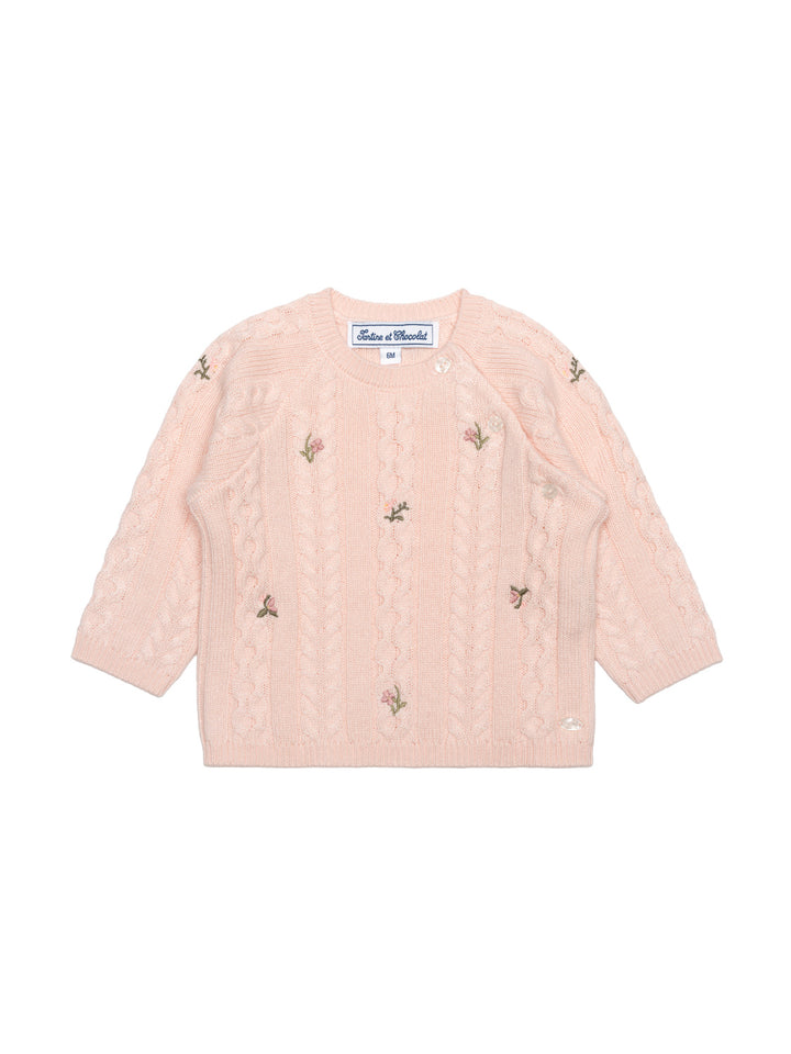 Zopfstrick-Pullover mit Blumen-Details - Rosa