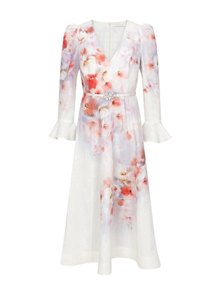 Crush Midikleid aus Leinen mit Blumenprint und Gürtel