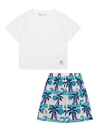 Pyjama Set - T-Shirt & Shorts Palmen - Weiß/Blau