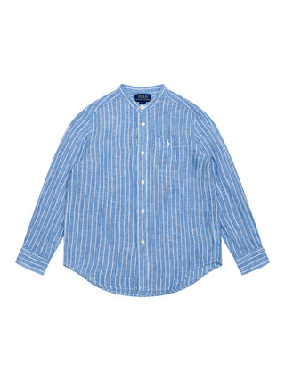 Relaxed Fit Leinenhemd Postboy mit Mandarinkragen - Blau