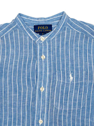 Relaxed Fit Leinenhemd Postboy mit Mandarinkragen - Blau