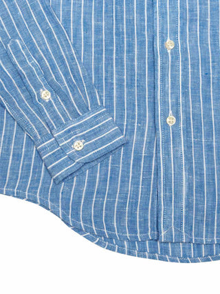 Relaxed Fit Leinenhemd Postboy mit Mandarinkragen - Blau