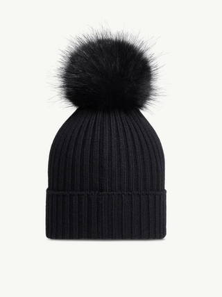 Mütze aus Wolle mit Kunstpelz-Bommel - Schwarz
