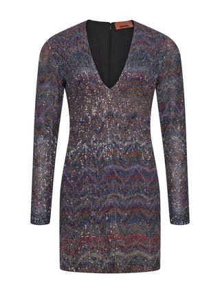 Längärmeliges Kleid mit V-Ausschnitt mit Chevron-Muster