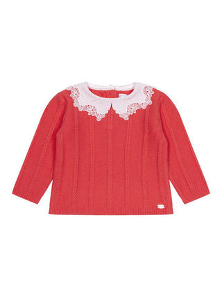 Zopfstrickpullover mit Spitzenkragen - Praline