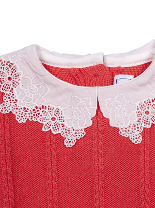 Zopfstrickpullover mit Spitzenkragen - Praline