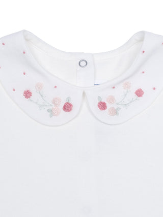Body mit Blumen besticktem Kragen - Weiß/Praline