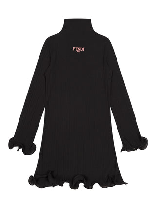 Geripptes Jersey-Kleid mit Stehkragen - Schwarz