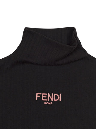 Geripptes Jersey-Kleid mit Stehkragen - Schwarz