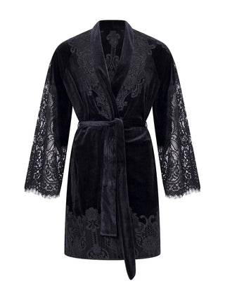 Kurzer schwarzer Bademantel aus Samt und Spitze