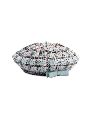 Gestrickte Bouclé-Baskenmütze - Hellblau/Rosa