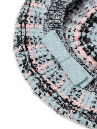 Gestrickte Bouclé-Baskenmütze - Hellblau/Rosa