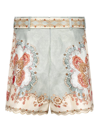 Daylight Shorts aus bedrucktem Leinen mit Bundfalten, Wellenkanten und Gürtel