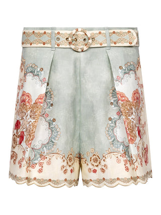 Daylight Shorts aus bedrucktem Leinen mit Bundfalten, Wellenkanten und Gürtel