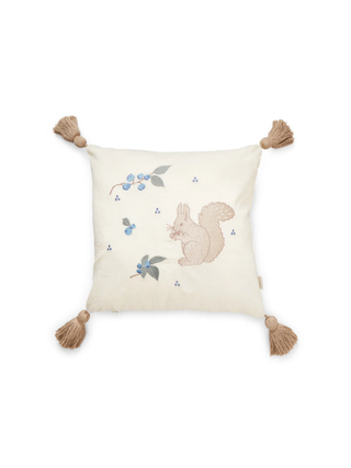 Besticktes Kissen Eichhörnchen mit Blauberren