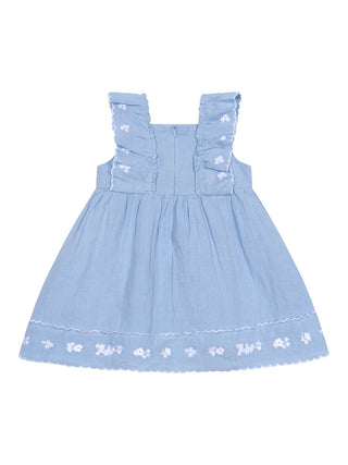 Leinenkleid mit Rüschen und Blütenstickereien – Blau