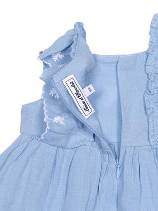 Leinenkleid mit Rüschen und Blütenstickereien – Blau