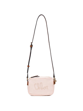 Bestickte Schultertasche aus Baumwoll-Canvas - Hellrosa