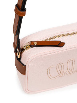 Bestickte Schultertasche aus Baumwoll-Canvas - Hellrosa