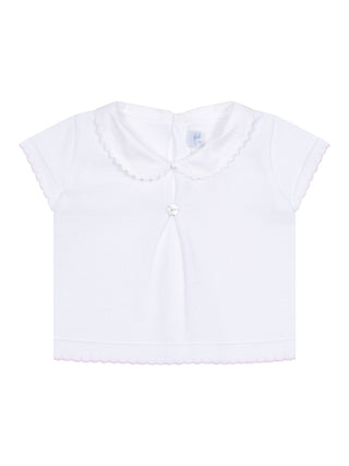 Kurzarm-Pullover mit Stoffkragen - Weiß-Rosa