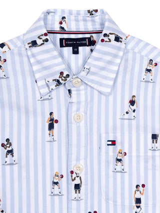 Gestreiftes Kurzarm-Oxfordhemd mit Basketball-Print - Blau/Weiß