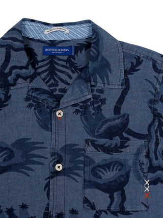 Kurzarmhemd aus Chambray mit Allover-Print - Blau