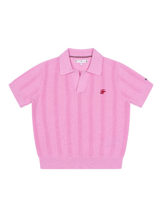 Poloshirt in Häkel-Optik mit aufgesticktem Logo - Rosa