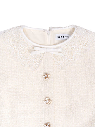 Cremefarbenes Bouclé-Mini-Kleid mit Spitzenbesatz und taillierter Passform