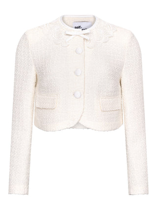 Cremefarbene Bouclé-Jacke mit Spitzenkragen