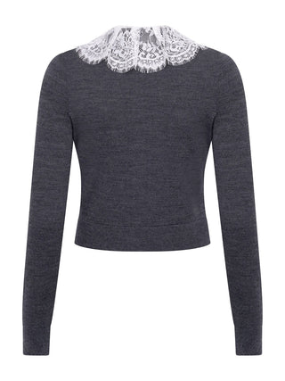 Graue Feinstrickjacke mit Spitzenkragen