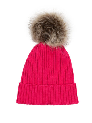 Mütze aus Wolle mit Kunstpelz-Bommel - Pink