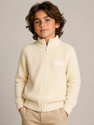 Gerippte Strickjacke mit Stehkragen - Beige