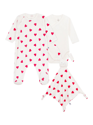 Newborn-Geschenkset aus Baumwolle mit Herzmotiv – Creme/Rot