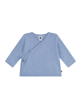 Wickeljacke aus Woll- und Baumwollstrick mit Lochstickerei – Blau