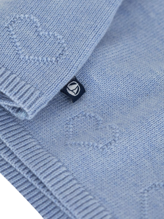 Wickeljacke aus Woll- und Baumwollstrick mit Lochstickerei – Blau
