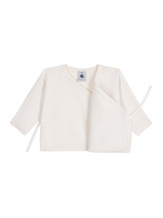 Wickeljacke aus Woll- und Baumwollstrick mit Lochstickerei – Creme