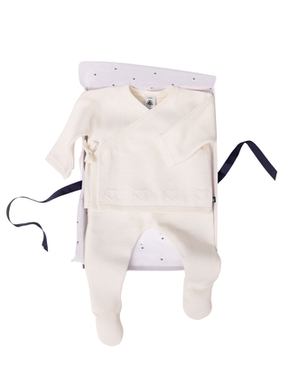 Wickeljacke aus Woll- und Baumwollstrick mit Lochstickerei – Creme