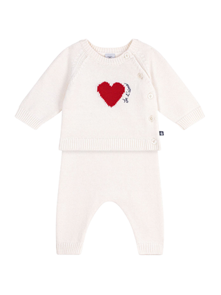 Strick-Set mit Jacquard-Herz - Creme/Rot