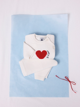 Strick-Set mit Jacquard-Herz - Creme/Rot