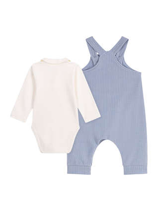 Set aus Latzhose und Body mit Kragen – Blau/Weiß