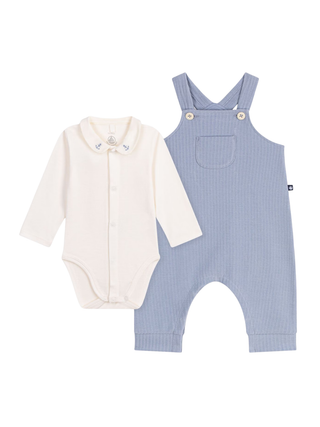 Set aus Latzhose und Body mit Kragen – Blau/Weiß