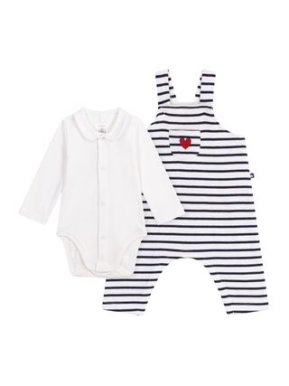 Baumwoll-Set aus Latzhose und Body mit Kragen – Weiß/Marine