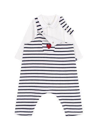 Baumwoll-Set aus Latzhose und Body mit Kragen – Weiß/Marine