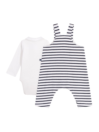 Baumwoll-Set aus Latzhose und Body mit Kragen – Weiß/Marine
